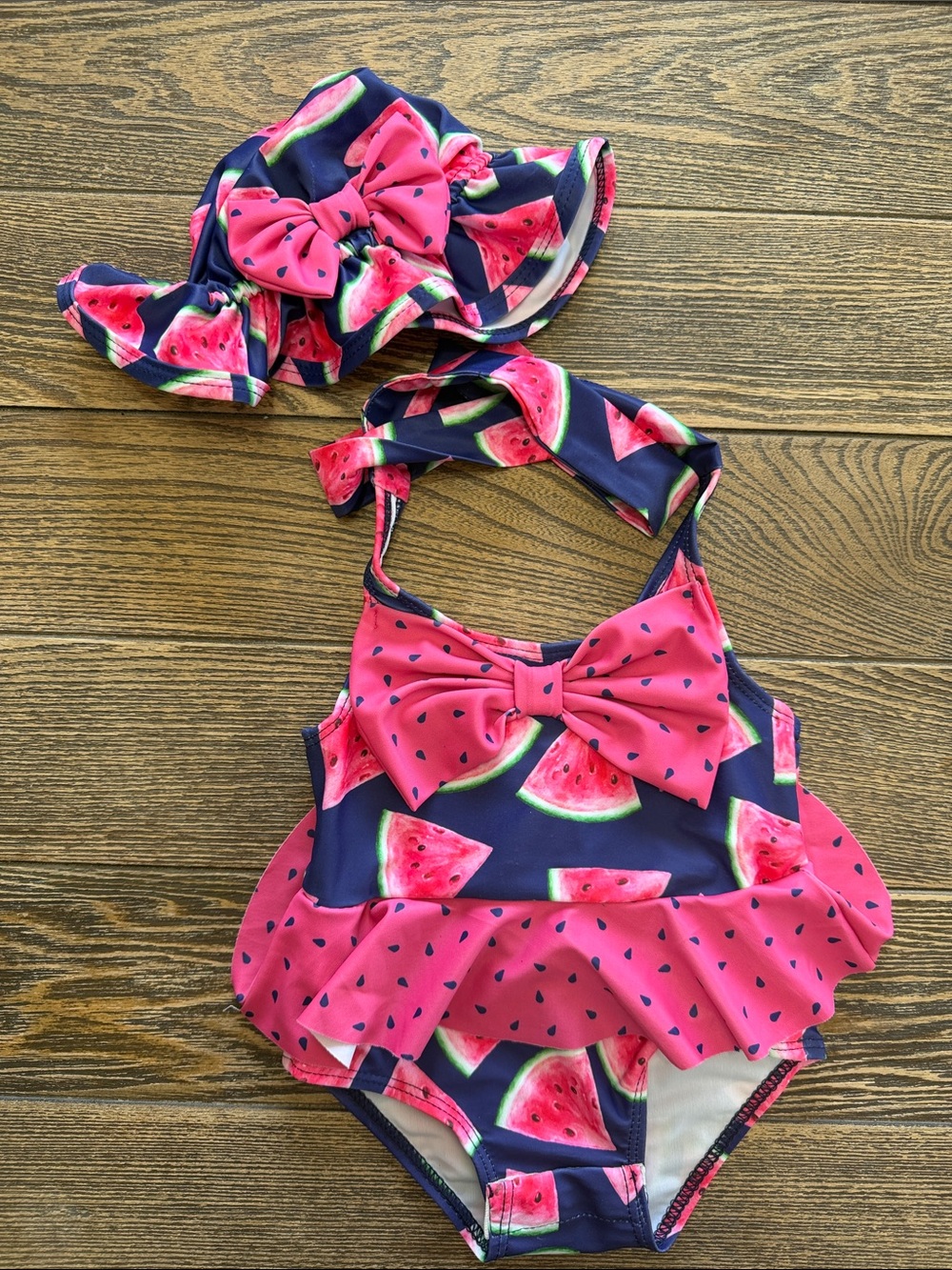 Girls' Navy & Pink Watermelon One-Piece Swimsuit with Matching Hat Adorable 0-3